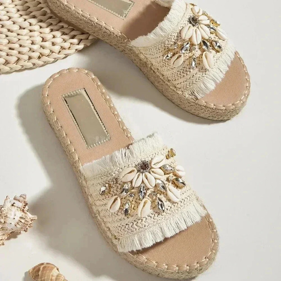Beige Vacation Women's Rhinestone & Shell Decor Espadrille Sandals - Picture 1 of 4
